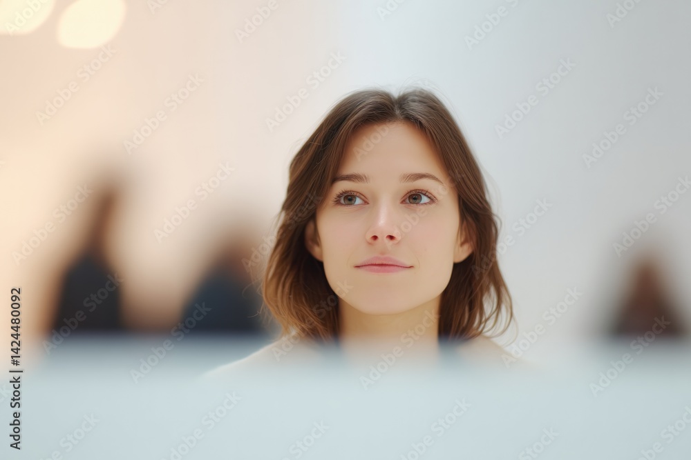 Poster capture minimalist scene of blogger at sleek desk setup focusing sharply on their engaged expression