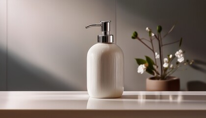 Obraz premium a sleek contemporary soap dispenser against a clean minimalist backdrop evoking a sense of modern simplicity and everyday essentials