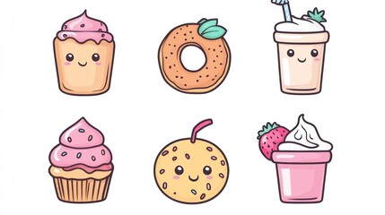 Cute cartoon desserts cupcake, donut, milkshake, cookie