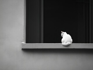 A serene white cat sits contemplatively on a window ledge, gazing out into the unknown world beyond.