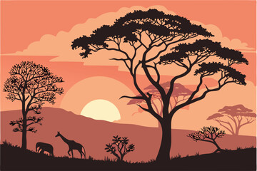 48 Silhouette of trees at sunset, African savanna landscape, vibrant orange and pink sky, black tree outlines, dramatic dusk scene, panoramic view, atmospheric sunset, nature silhouettes, warm color p