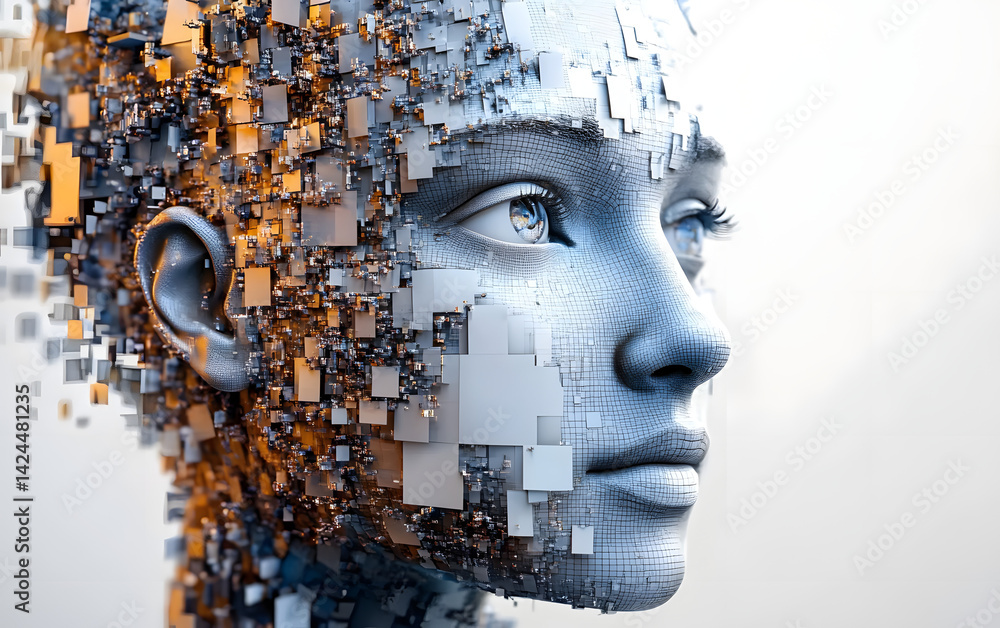Poster abstract digital human face. artificial intelligence concept of big data or cyber security. 3d illus