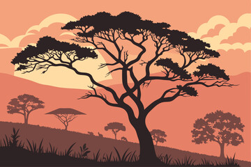 48 Silhouette of trees at sunset, African savanna landscape, vibrant orange and pink sky, black tree outlines, dramatic dusk scene, panoramic view, atmospheric sunset, nature silhouettes, warm color p