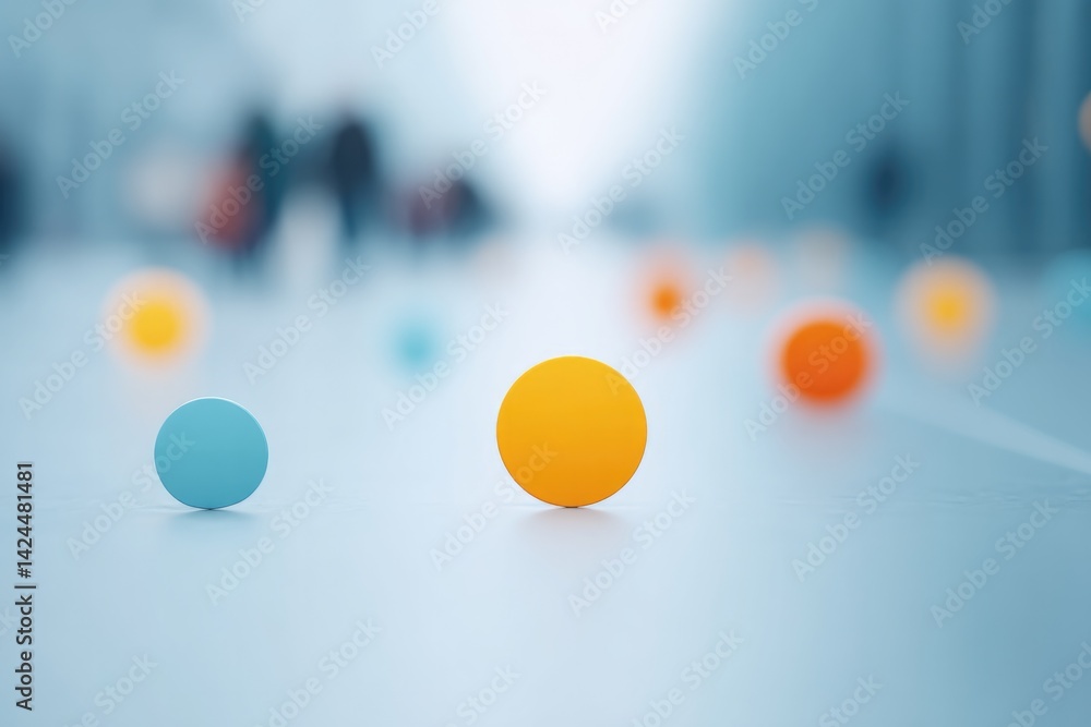 Poster minimalistic composition with colorful abstract spots in foreground people in soft focus create natu