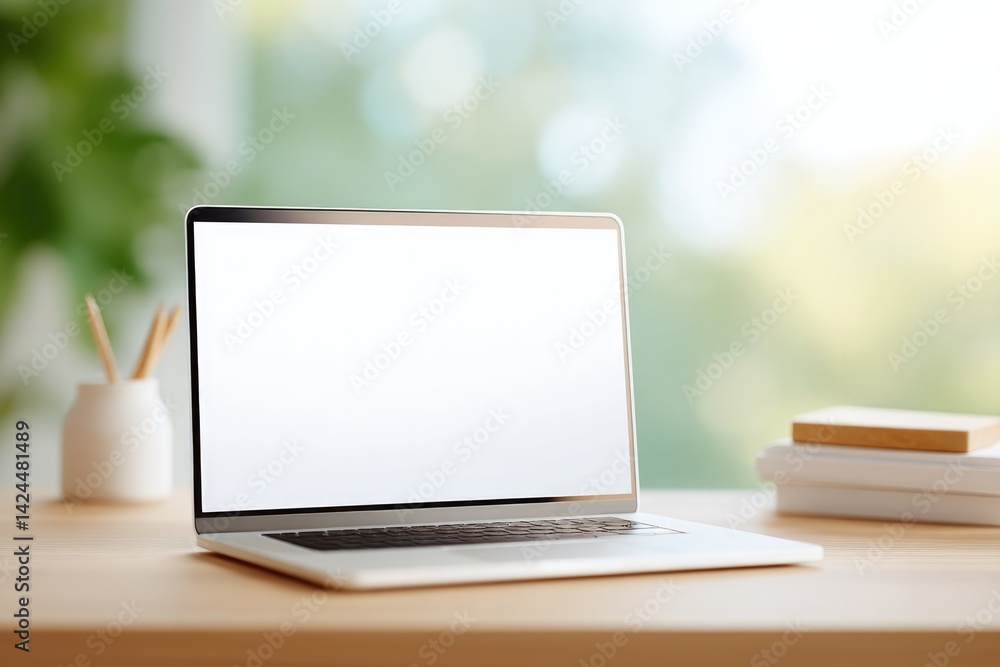 Poster minimalistic desk setup with open laptop displaying blank screen surrounded by books and stationery 