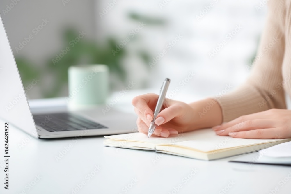 Poster minimalistic image of person studying online in clean organized space with laptop and notebook