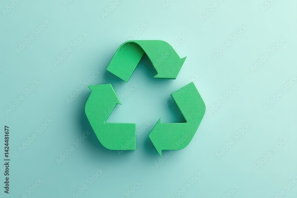 Poster minimalistic image of single recycle symbol on smooth solid color background with ample copy space