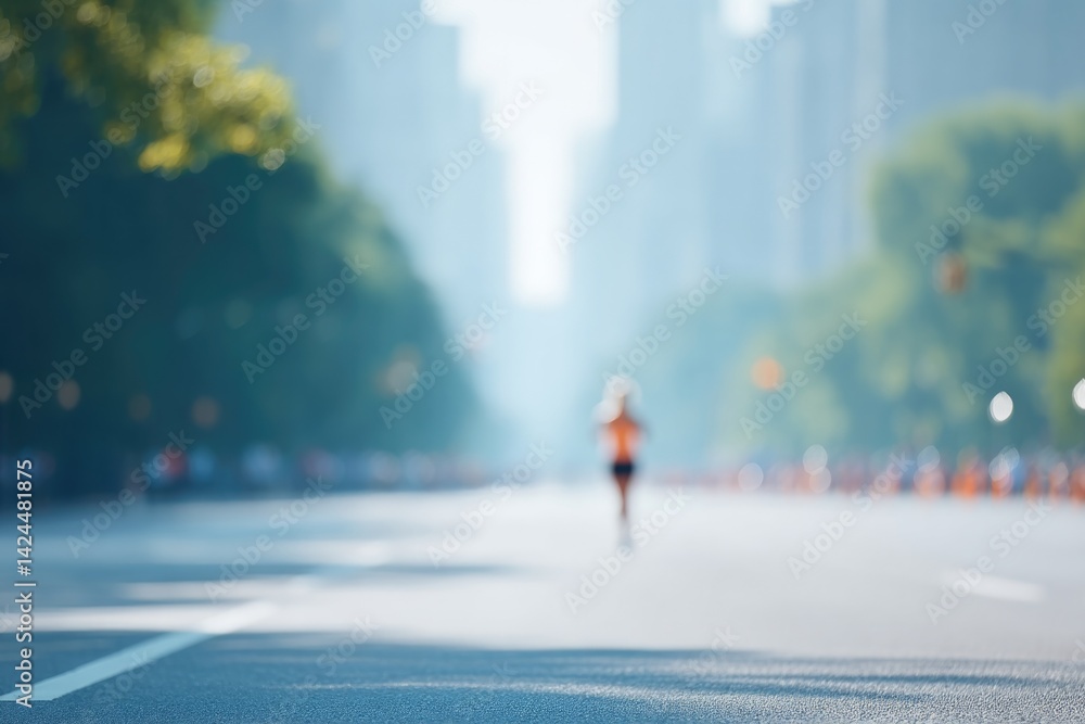 Poster minimalistic scene capturing essence of global running day with single runner in focus while backgro