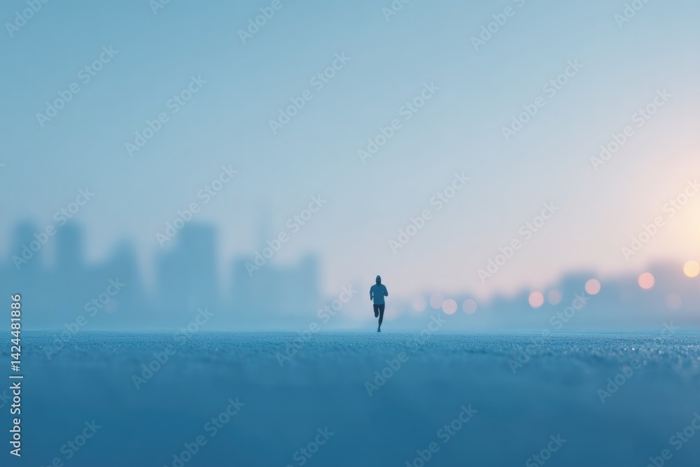 Poster minimalistic scene capturing essence of global running day with single runner in focus while backgro