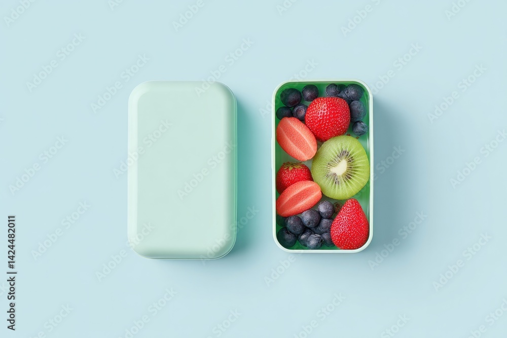 Poster minimalistic top-view photo showing open and closed lunchbox with nutritious and colorful ingredient
