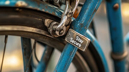 A vintage blue bicycle with a "stay secure" lock tag.