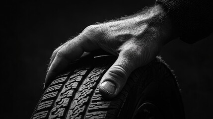 Black and white photograph of a person's hand resting on a tire.