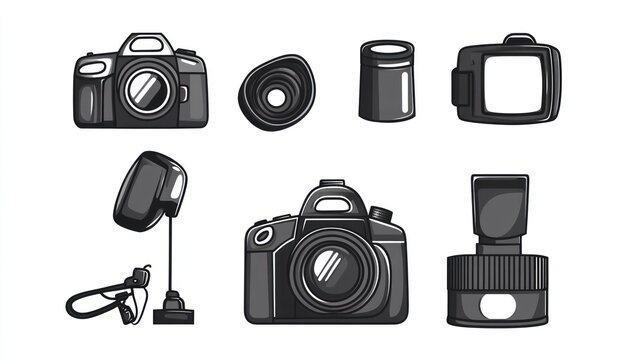 DSLR camera parts diagram; lens, flash, accessories; white background; photography tutorial