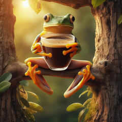 Frog relaxing in a tree while holding a cup of coffee during a serene afternoon