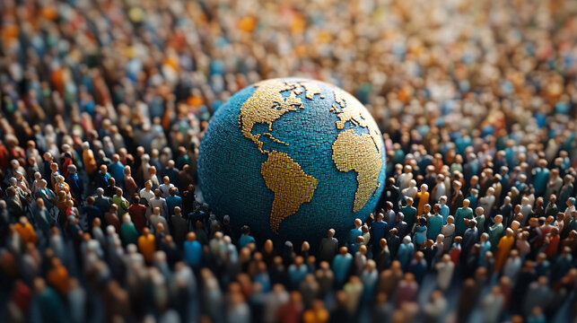 Miniature people surrounding globe representing global population and globalism