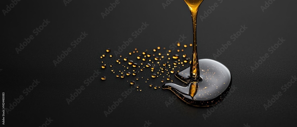 Poster drop of oil being poured into a small white object. the oil is a golden yellow color and is cascadin