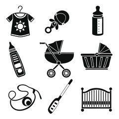 Baby Care Essentials Icons Set Black and White