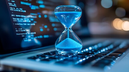 Blue Sand Hourglass on Desk with Laptop, A blue sand hourglass on a desk with a blurred laptop in the background