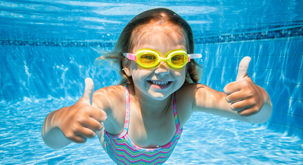 Happy Child Swimming with Goggles in Underwater Pool Shot