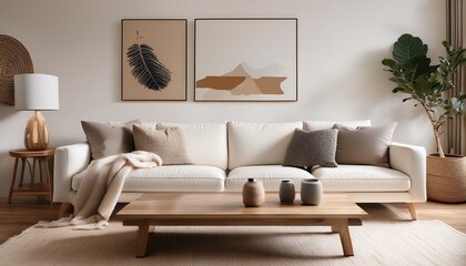 a tranquil minimalist living space featuring a soft white sofa with neutral pillows and a warm blanket the wooden coffee table abstract artwork and sophisticated decor enhance the peaceful