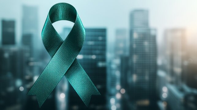 A cityscape with tall buildings provides the background for the green ribbon, which is a symbol for World Cerebral Palsy Day