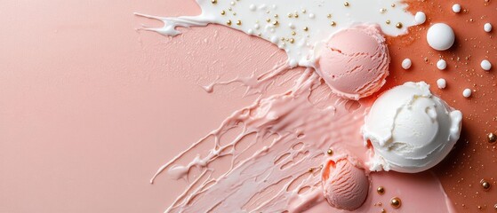 Close-up of three scoops of ice cream on a pink background. the ice cream scoops are arranged in a triangular formation, with one scoop on the left, one in the middle, and one on the right.