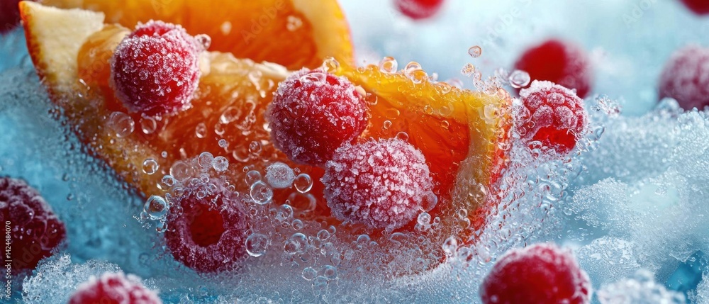 Poster close-up of a slice of orange and raspberries falling into a pool of water. the orange slice is in t