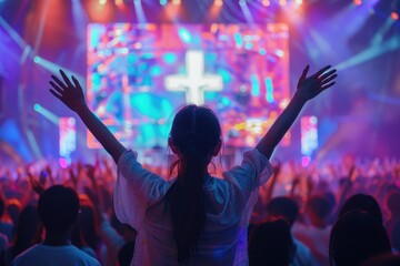Christian worship service with people raising hands in church singing and praying to God with cross on stage community gathering on Easter or Sunday