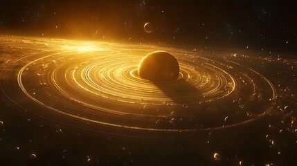 Obraz premium Glowing Planet with Rings in Space, A glowing planet surrounded by multiple rings and small celestial bodies in space