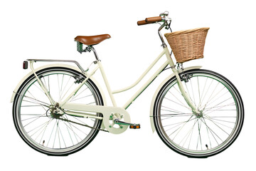 Vintage-style, cream-colored bicycle with a basket
