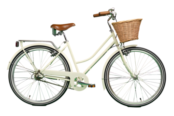 Vintage-style, cream-colored bicycle with a basket