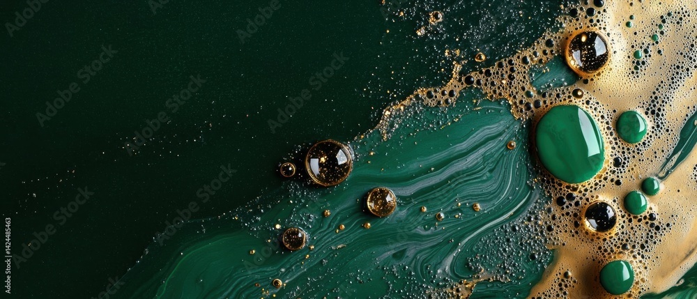 Poster abstract digital art piece with a dark green background. the background is made up of a mix of diffe