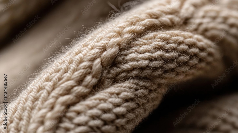 Poster close-up of a beige-colored knitted fabric with a textured pattern. the fabric appears to be made of