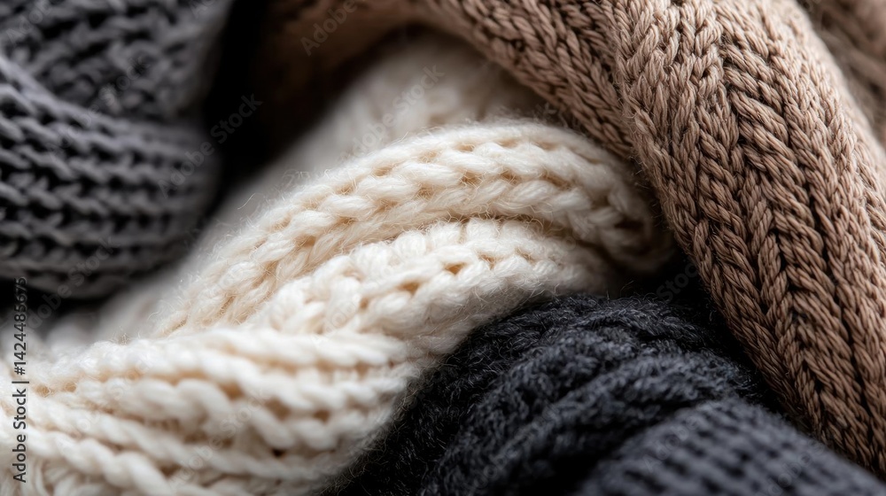 Poster close-up of a pile of knitted fabric. the fabric appears to be made of wool or a similar material, w