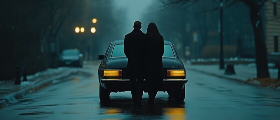 Couple stands by car, night city street