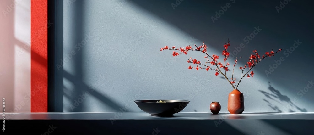 Poster corner of a room with a window on the left side. the window has a red curtain on the right side and 