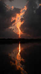 Yellow lightning strikes the center of an isolated dark cloud on a black background, creating a powerful and dramatic effect. The lighting is bright with orange tones. 