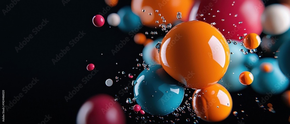 Poster close-up of a group of colorful spheres floating in the air. the spheres are of different sizes and 