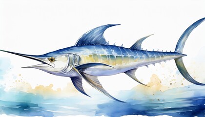 swordfish watercolor illustration isolated on transparent sea for art work