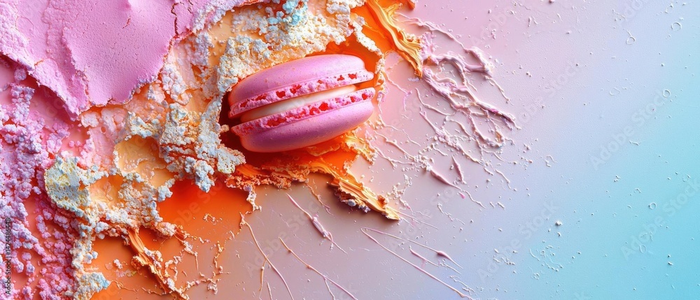 Poster close-up of a pink macaron on a colorful background. the macaron is in the center of the image and i