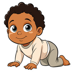 Adorable African American Baby Boy Crawling Cartoon Illustration