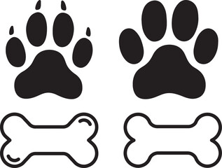 Dog Paw Prints and Bone Icons – Black and Outline Vector Set