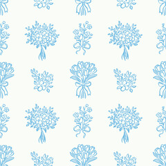 Seamless vector pattern with blue floral bouquets and flower arrangements on light background. Hand-drawn line art style. Spring design for wallpaper, textile, invitation, wrapping paper.