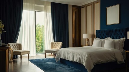 Luxurious bedroom with a large king-sized bed in the center. the bed has a blue tufted headboard and white linens. there are two nightstands on either side of the bed with lamps on them.