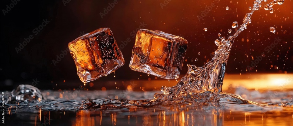 Poster two ice cubes falling into a pool of water. the ice cubes are golden brown in color and appear to be