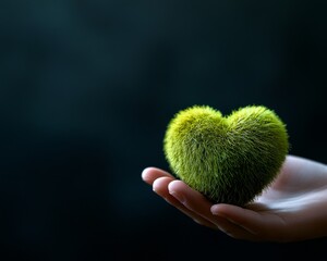 A hand cradling a glowing green heart symbolizes the concern for the Earth's resources