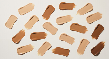 Overhead view of foundation swatches in different tones on neutral background with soft daylight, clean layout for diversity and skincare tone matching concept 