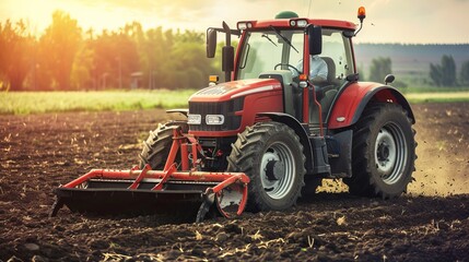 Fototapeta premium Modern red tractor plowing field at sunset in agricultural landscape.