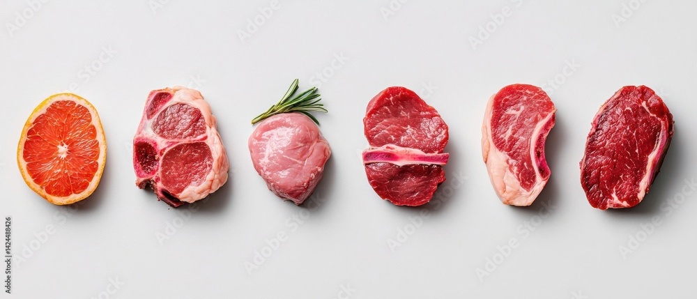 Poster five pieces of raw meat arranged in a row on a light grey background. on the left side of the image,