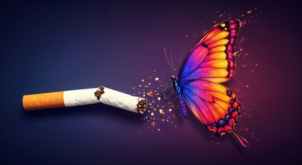 Illustration of a broken cigarette transforming into a butterfly, artistic and symbolic with vibrant colors and soft focus for World No Tobacco Day